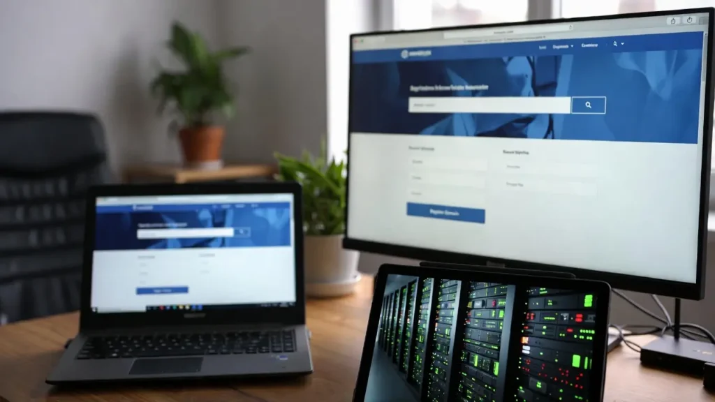 Concept image for "10 Essential Things About Web Hosting & Domains" showing a laptop, desktop monitor, and tablet displaying website registration interfaces and server room data.