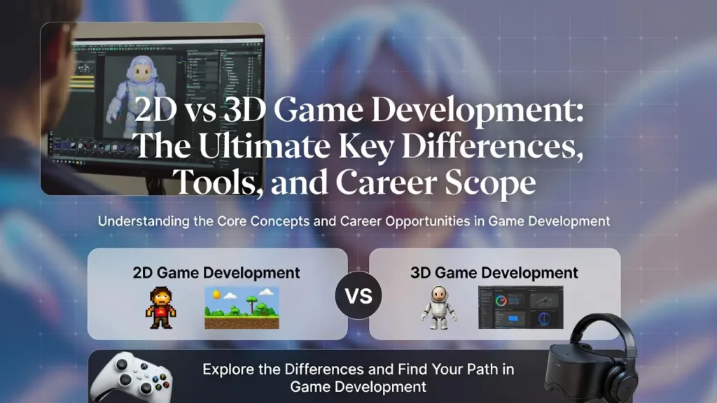 Informational graphic titled "2D vs 3D Game Development" with a comparison section. It features icons of a pixel-art character vs. a 3D astronaut, along with a white game controller and a black VR headset at the bottom.