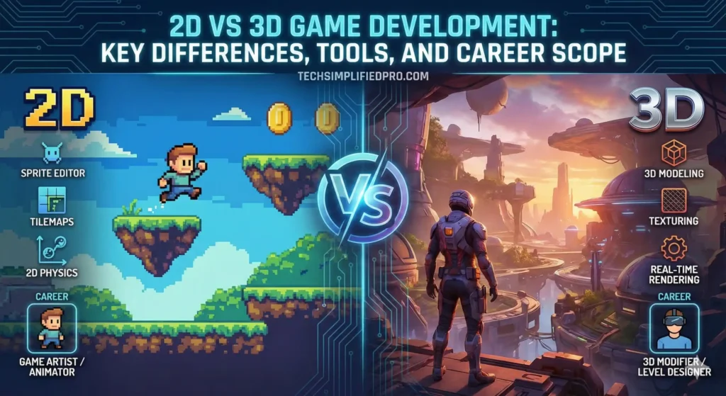 "Featured image illustrating the contrast between 2D pixel art and 3D models with the text title 2D vs 3D Game Development: Key Differences, Tools, and Career Scope."