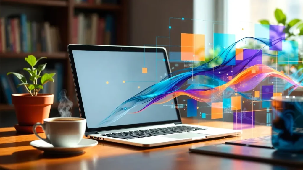 A laptop on a wooden desk with a futuristic stream of colorful digital data and geometric shapes flowing from the screen, representing the creativity of programming.