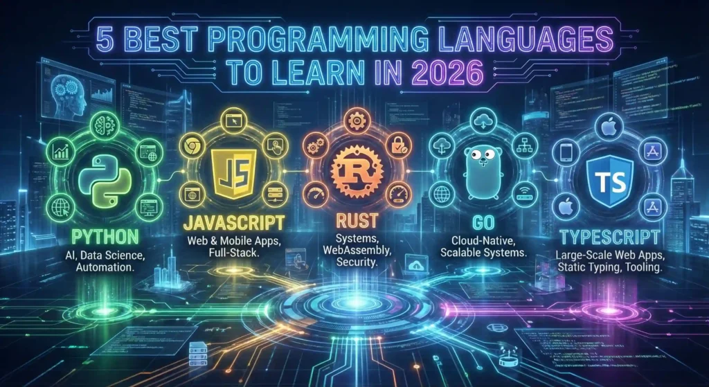 "Futuristic featured image titled 5 Best Programming Languages to Learn in 2026, displaying neon glowing logos for Python, JavaScript, Rust, Go, and TypeScript."