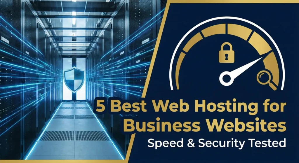 Featured image for the blog post 5 Best Web Hosting for Business Websites, showing a secure server room and a speed gauge.