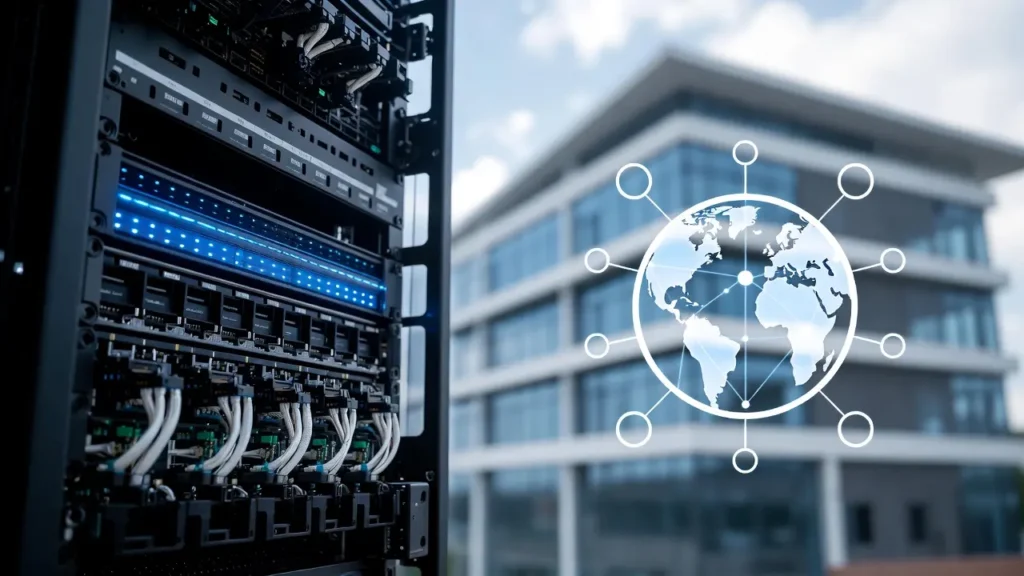 Close-up of a high-tech server rack with blue LED lights and white cables, set against a blurred background of a modern office building with a global network icon overlay.