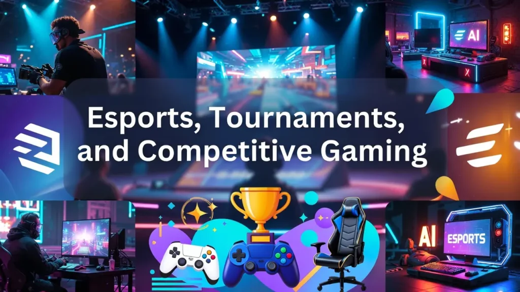 A collage-style digital illustration featuring the central text "Esports, Tournaments, and Competitive Gaming." Surrounding the text are vignettes of professional gamers wearing headsets, high-tech computer setups displaying "AI" and "Esports" on screens, and a brightly lit arena stage. At the bottom center, colorful icons depict a gold trophy, white and blue game controllers, and a black gaming chair, all set against a neon blue and purple background.