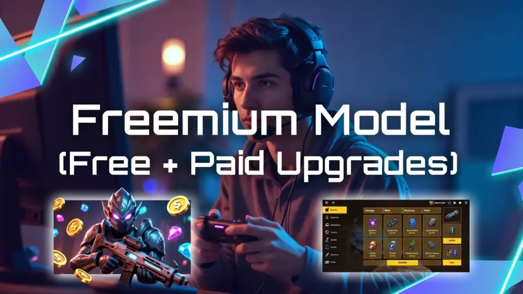 A smartphone displaying a mobile game store selling virtual guns and equipment. The text "In-App Purchases (IAPs)" is superimposed over the phone, surrounded by 3D icons of a shopping cart, money bag, and gold coins.