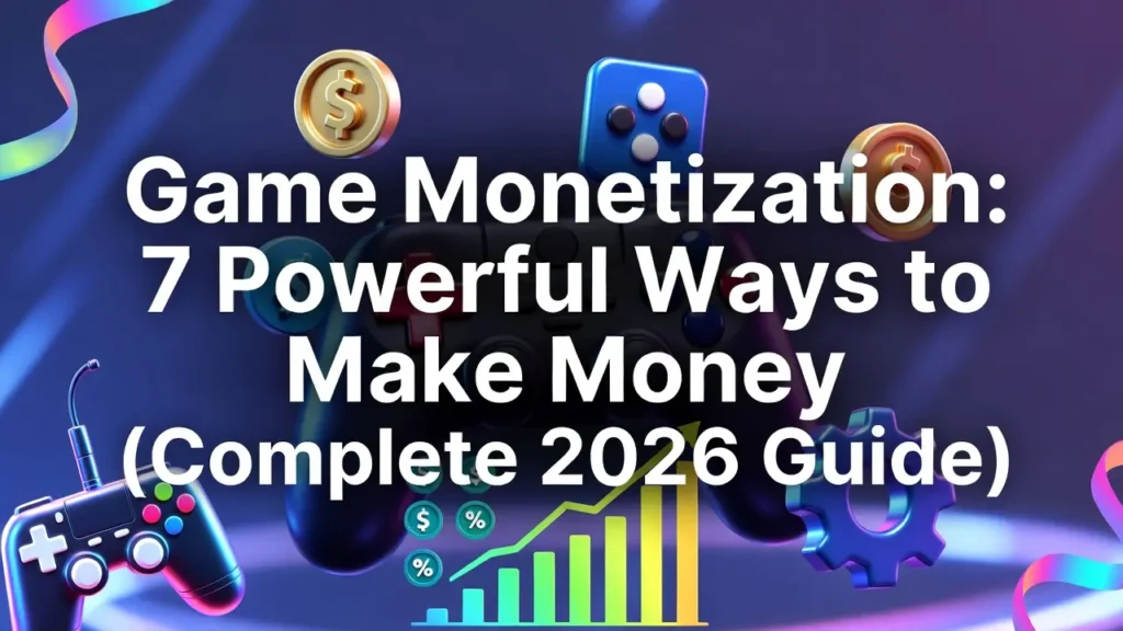 3D illustration for a Game Monetization guide featuring a game controller surrounded by gold coins, gears, and a growth chart with the text "7 Powerful Ways to Make Money."