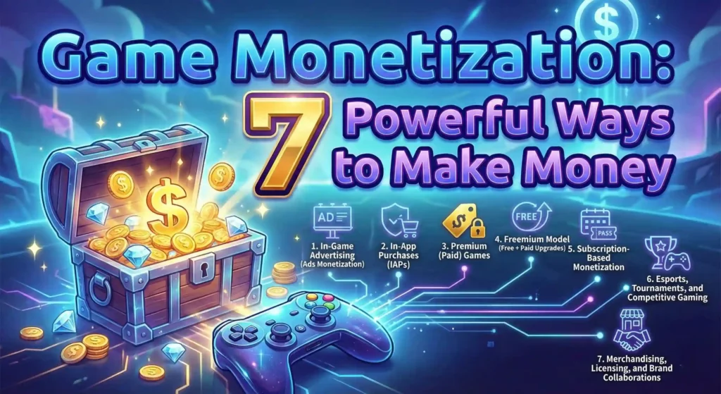 Game Monetization featured image showing a treasure chest, game controller, and text listing 7 revenue strategies like Ads, IAPs, and Subscriptions.