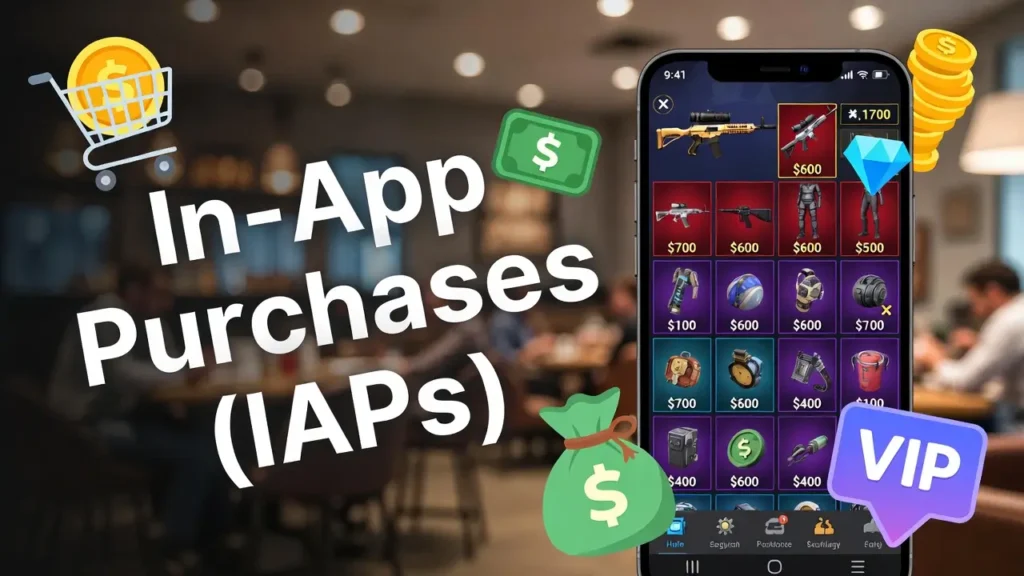A graphic titled "In-App Purchases (IAPs)" featuring a smartphone displaying a mobile game store with virtual items like guns, armor, and equipment for sale. Surrounding the text and phone are various monetization icons, including a shopping cart, a money bag, a stack of gold coins, a blue diamond, and a generic dollar bill.