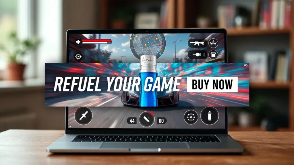 Laptop screen displaying a high-speed racing game with a prominent in-game banner ad overlay featuring a blue energy drink bottle and the text "REFUEL YOUR GAME - BUY NOW."