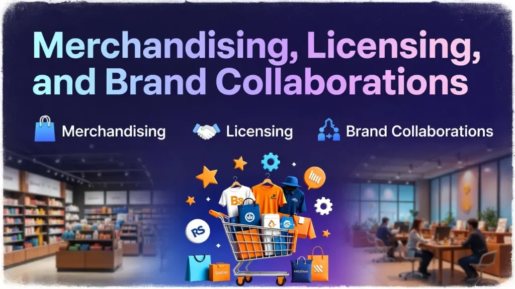A digital illustration featuring the headline "Merchandising, Licensing, and Brand Collaborations." Below the text are three corresponding icons: a blue shopping bag, a handshake, and connected figures. The central image shows a shopping cart overflowing with branded t-shirts and packages, surrounded by floating stars and gears. The background is split between a retail store interior on the left and a busy office workspace on the right.