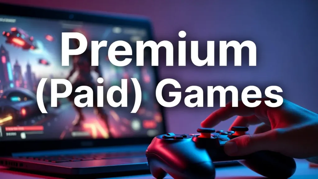 A close-up of a gamer's hands holding a black video game controller, illuminated by red and blue ambient lighting. In the background, a laptop screen displays a blurry scene from a futuristic sci-fi video game. Large white text overlays the center of the image, reading "Premium (Paid) Games."