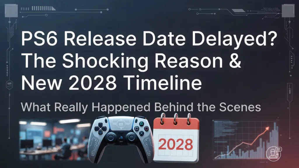 A digital thumbnail graphic with the headline "PS6 Release Date Delayed? The Shocking Reason & New 2028 Timeline." The image features a futuristic white game controller, a 3D calendar icon showing the year 2028, and a background depicting a blurred game development studio and a rising data chart.
