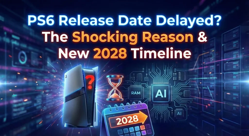 Concept art showing PS6 console and 2028 calendar with text: PS6 Release Date Delayed
