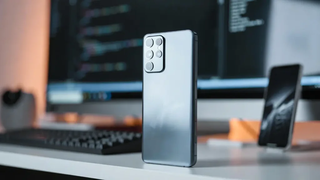 A sleek, metallic grey smartphone standing vertically on a white desk, showing its rear panel with a five-lens camera array, set against a blurred background of a computer monitor displaying code.