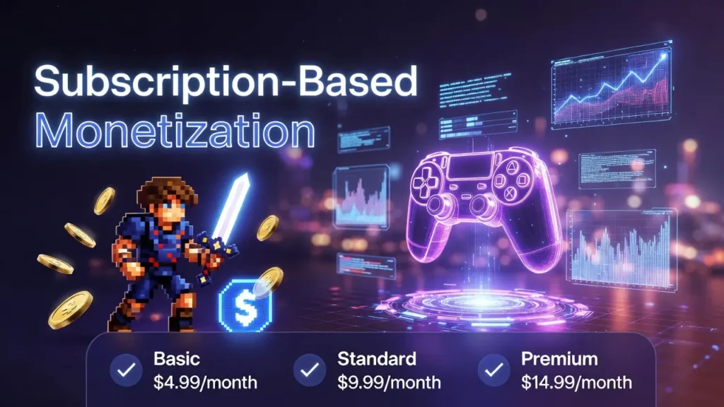 A digital illustration titled "Subscription-Based Monetization" set against a dark, futuristic background. On the left, a pixel-art video game character holds a glowing sword surrounded by floating gold coins and a dollar sign. On the right, a neon purple wireframe game controller floats amidst digital data charts and graphs. At the bottom, a pricing banner lists three tiers: Basic at $4.99/month, Standard at $9.99/month, and Premium at $14.99/month.