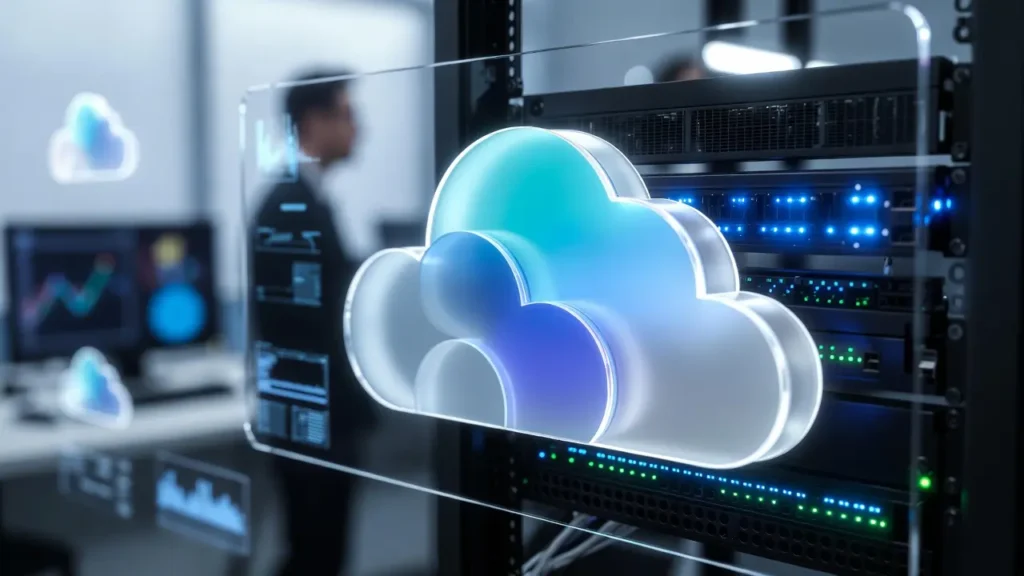 A 3D glowing glass cloud icon floating in front of a server rack with blue LED lights, with a blurred IT professional monitoring data screens in the background, representing cloud infrastructure.