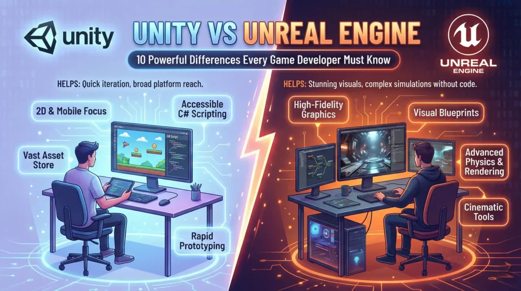 Split-screen illustration comparing Unity game engine (blue, left) and Unreal Engine (orange, right), featuring the title "Unity vs Unreal Engine: 10 Powerful Differences Every Game Developer Must Know" with icons representing 2D mobile dev vs high-fidelity 3D graphics.