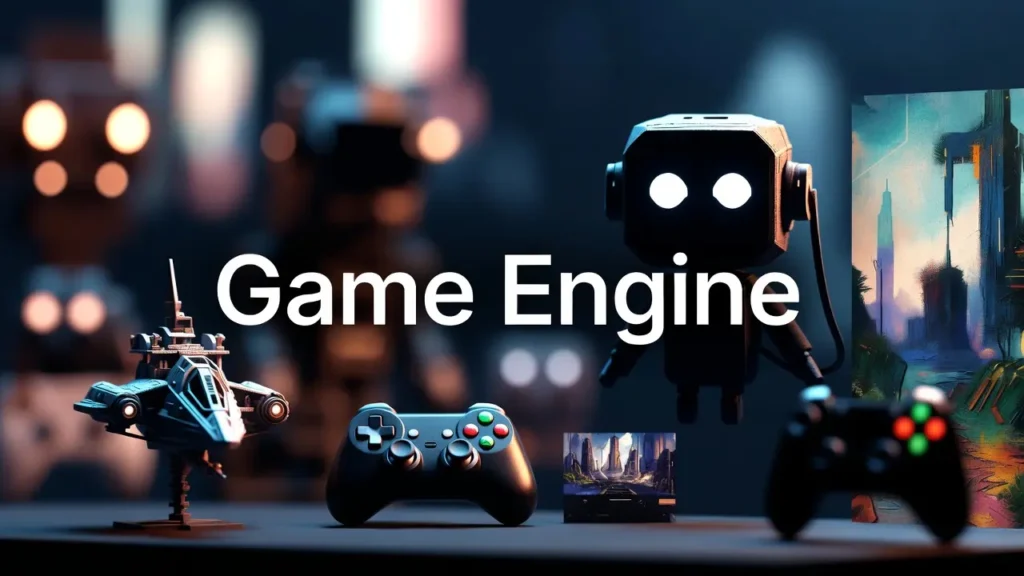 Digital illustration for a game engine comparison showing a stylized robot character, a spaceship model, and a game controller, representing the creative tools in Unity and Unreal Engine.