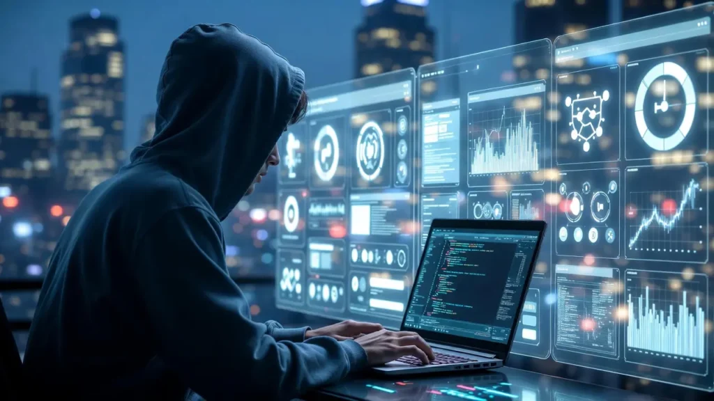 Cybersecurity expert in a hoodie analyzing digital threats on a laptop with holographic data screens, representing the difference between VPN and Antivirus security measures.