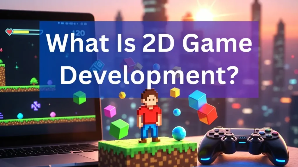 A graphic with the text "What Is 2D Game Development?" in a purple banner. The image features a laptop screen displaying a 2D game, a 3D pixel-style character figurine standing on a grass block, and a black game controller.