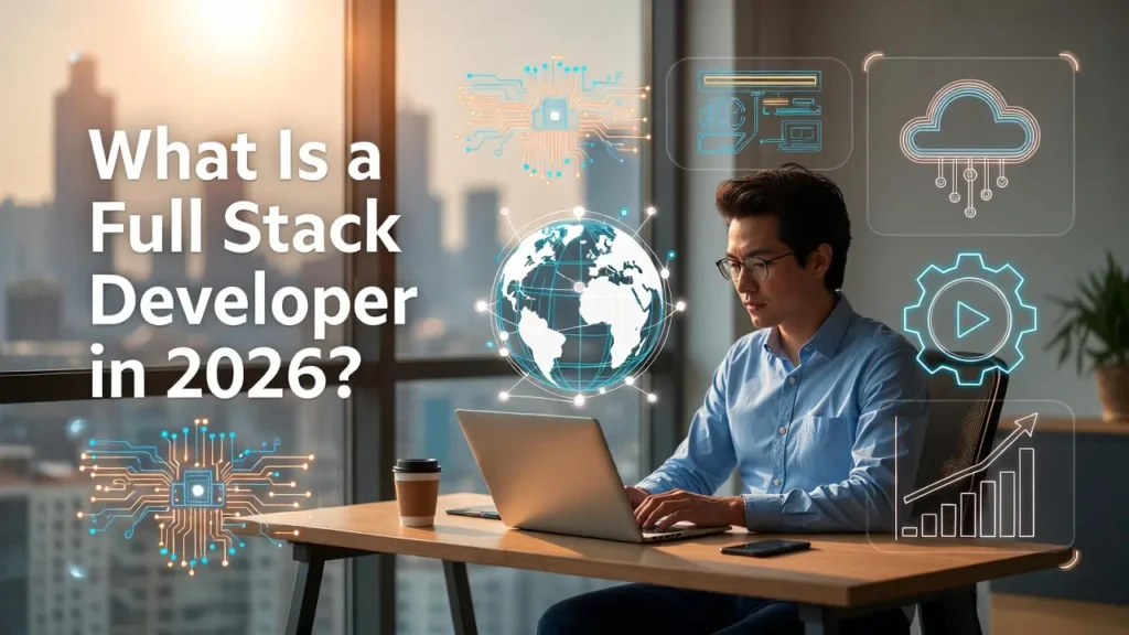 Concept illustration for a blog post titled "What Is a Full Stack Developer in 2026?" showing a professional developer working on a laptop, surrounded by glowing holographic icons representing cloud computing, global connectivity, and data analytics.