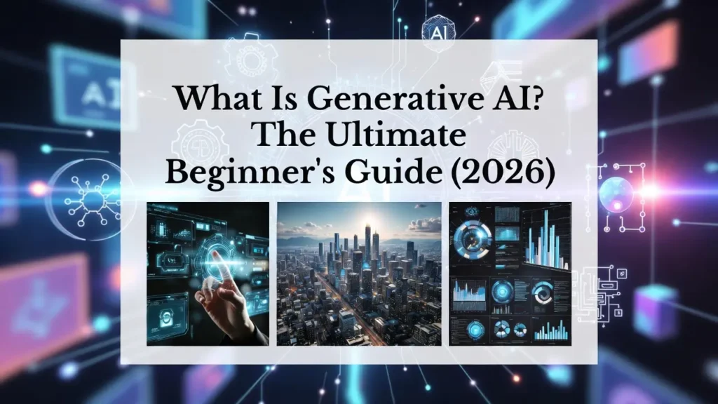 A title card reading "What Is Generative AI? The Ultimate Beginner's Guide (2026)." Below the text are three images representing AI applications: a digital hand interface, a modern cityscape, and a complex data dashboard.
