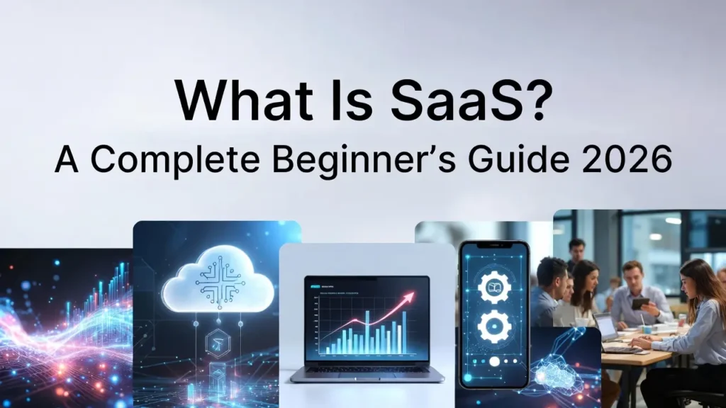 A header graphic with the text "What Is SaaS? A Complete Beginner’s Guide 2026." The bottom half features a collage of tech images: a cloud icon, a laptop with a growth chart, a smartphone showing gears, and an office meeting.