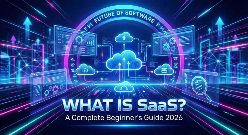 Futuristic neon illustration featuring cloud computing icons and digital interfaces with the text "What Is SaaS? A Complete Beginner’s Guide 2026"