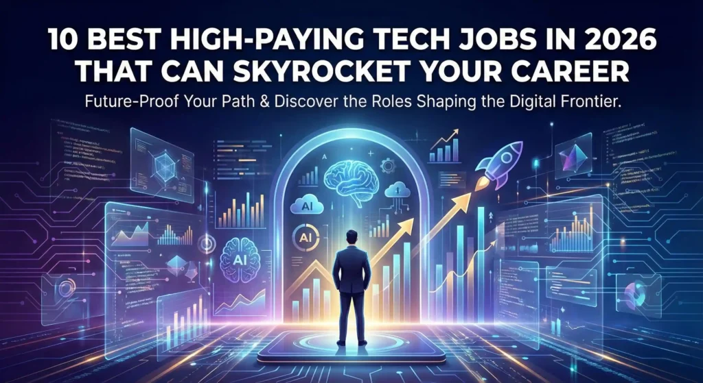 Featured image for the blog post "10 Best High-Paying Tech Jobs in 2026," featuring a futuristic workspace with holographic data charts, coding symbols, and a rocket graphic symbolizing rapid career advancement.
