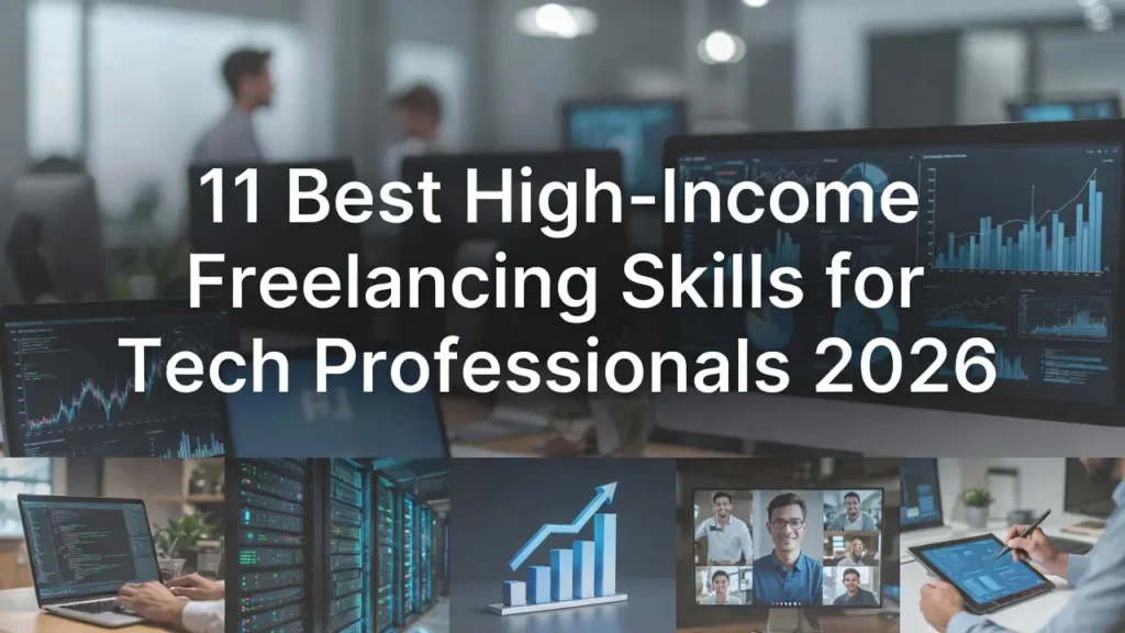 Featured image titled "11 Best High-Income Freelancing Skills for Tech Professionals 2026" set against a background of data monitors, with a bottom collage showing coding, server management, data analytics, virtual meetings, and digital design.