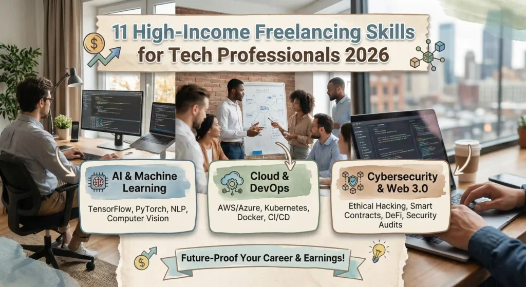Featured image titled '11 High-Income Freelancing Skills for Tech Professionals 2026' showing a realistic workspace with a tech professional working on a laptop, overlaid with clean graphics representing high-paying skills.
