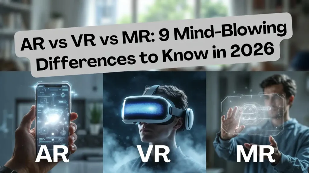 Featured image titled AR vs VR vs MR: 9 Mind-Blowing Differences to Know in 2026, showing a side-by-side visual comparison of a smartphone using Augmented Reality, a person wearing a Virtual Reality headset, and a person interacting with Mixed Reality holograms.