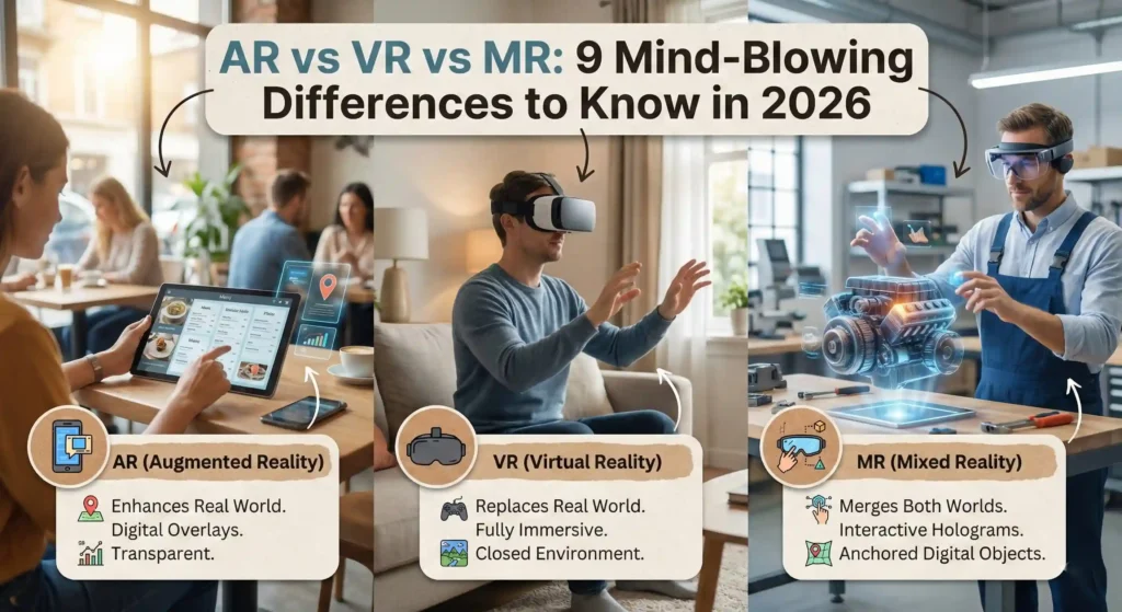 "Featured image titled 'AR vs VR vs MR: 9 Mind-Blowing Differences to Know in 2026' showing a split layout comparing Augmented Reality, Virtual Reality, and Mixed Reality with realistic human users."