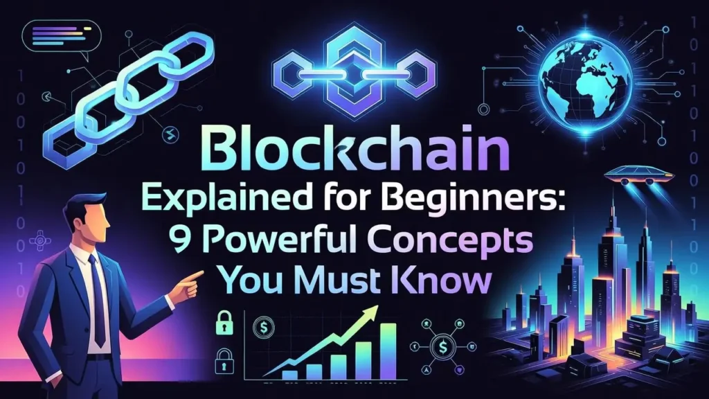 Digital illustration of a professional pointing to the text "Blockchain Explained for Beginners: 9 Powerful Concepts You Must Know," surrounded by neon icons representing chains, global networks, financial security, and a futuristic city.