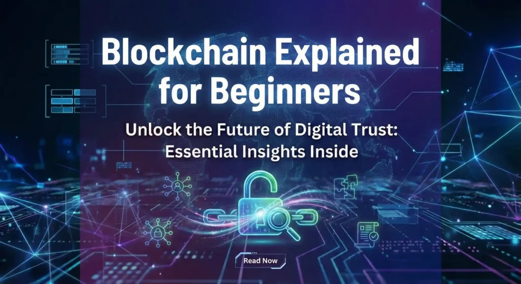 Featured image titled "Blockchain Explained for Beginners" displaying a realistic workspace background with a laptop, overlaid with icons representing 9 key concepts such as cryptography, decentralization, and smart contracts.