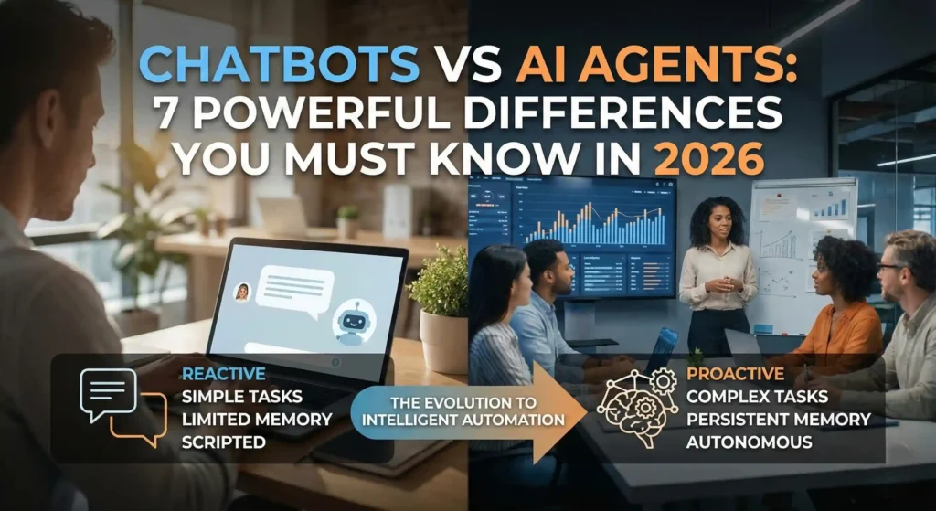 A professional blog thumbnail titled "Chatbots vs AI Agents: 7 Powerful Differences You Must Know in 2026." The background features a realistic modern office workspace with natural lighting, overlaid with clean, bold typography and subtle icons representing chat and autonomous tasks.