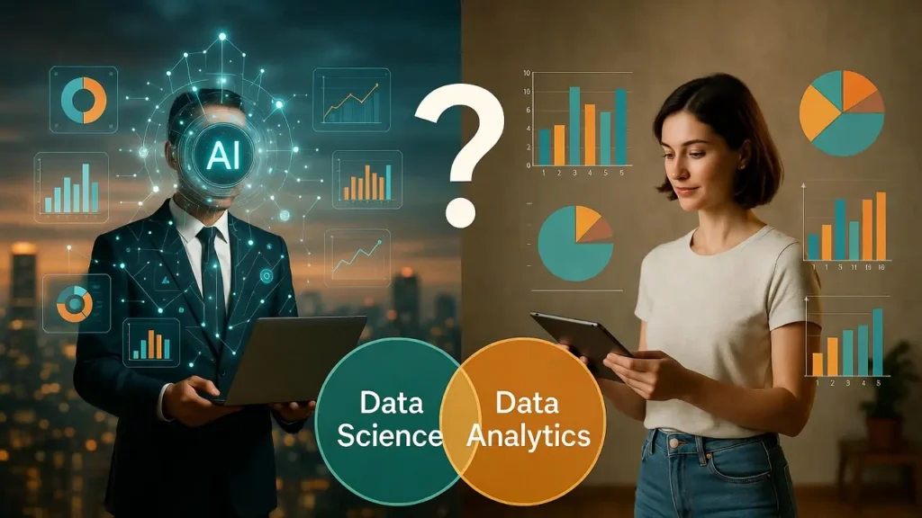 A split-screen comparison graphic illustrating "Data Science" versus "Data Analytics." The left side features a man in a suit with futuristic, glowing blue AI overlays and a laptop, labeled "Data Science." The right side shows a woman in casual attire holding a tablet surrounded by standard colorful bar graphs and pie charts, labeled "Data Analytics." A large question mark sits in the center.
