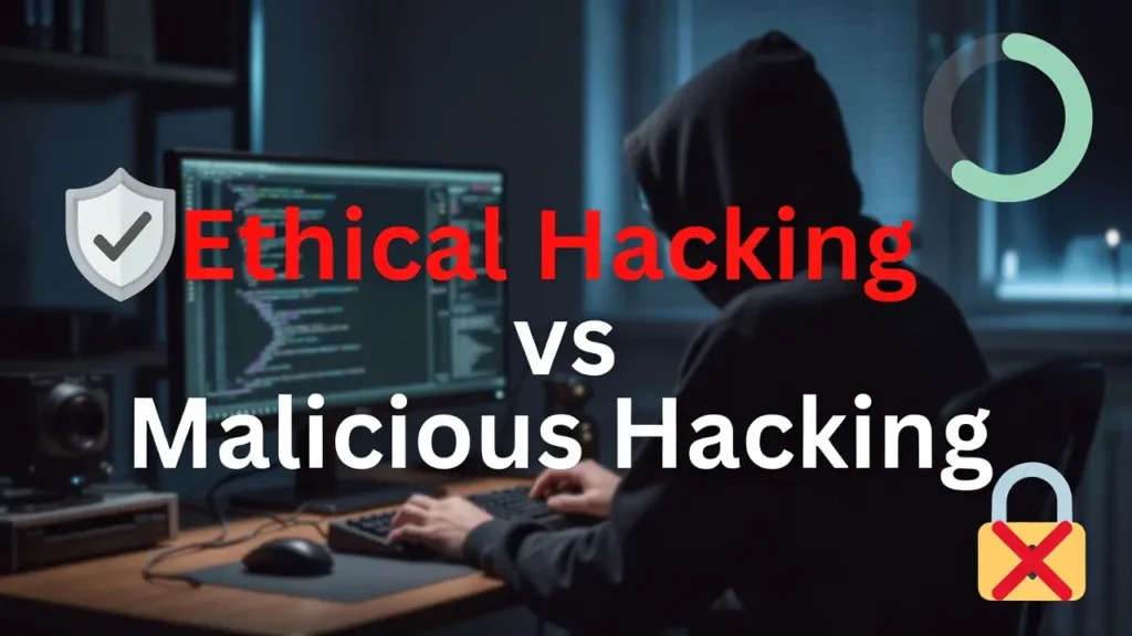 A hooded figure sitting at a computer desk in a dimly lit room, with overlay text reading "Ethical Hacking vs Malicious Hacking," accompanied by a shield icon and a padlock icon.