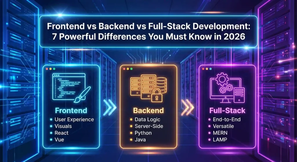 "Comparison of Frontend vs Backend vs Full-Stack Development showing key differences, skills, and technologies for 2026."