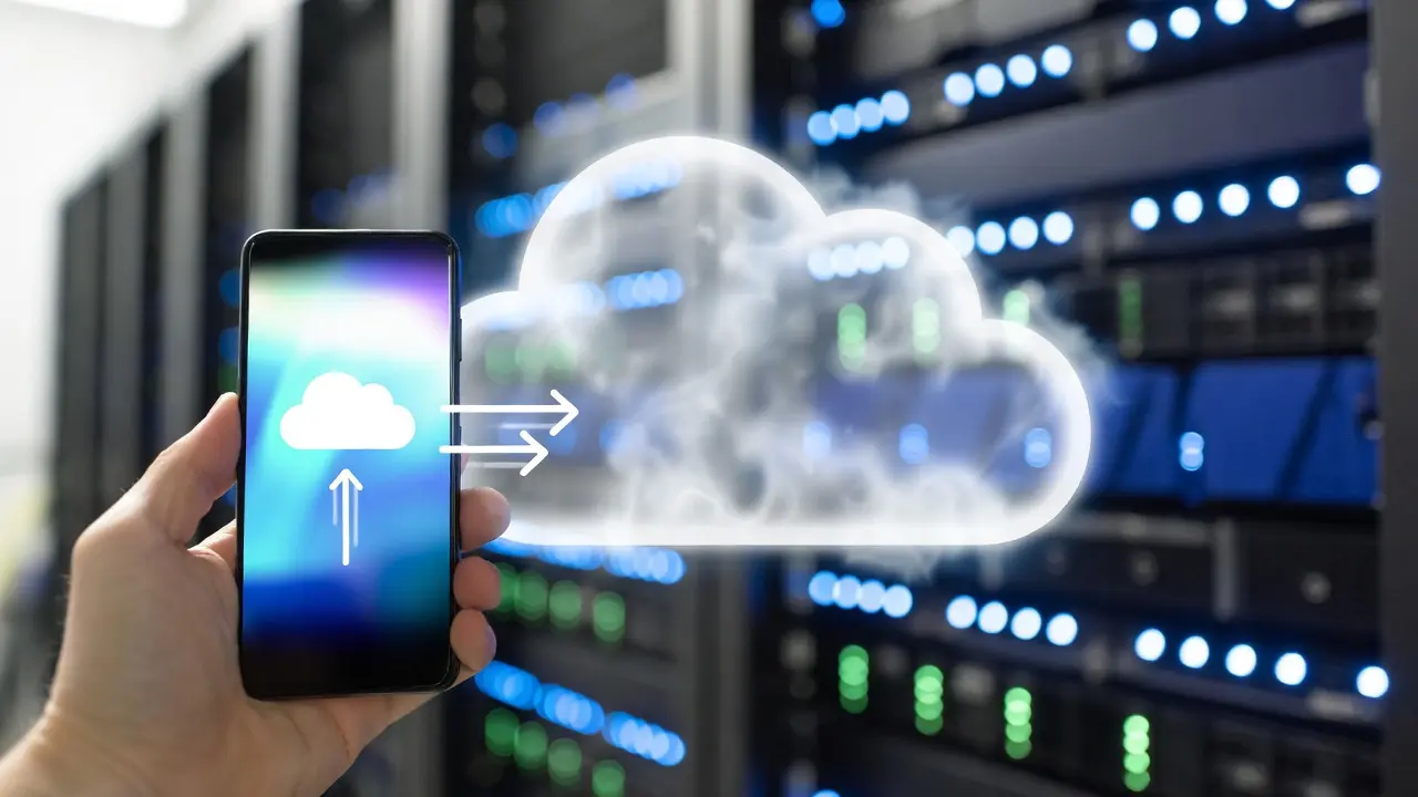 Concept illustration for cloud storage comparison showing a smartphone uploading data to a glowing virtual cloud, set against a background of server racks in a data center.