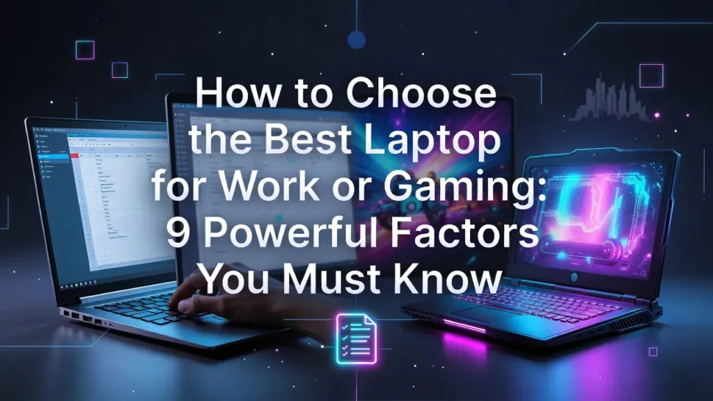 A split-screen graphic showing a professional business laptop on the left and a glowing RGB gaming laptop on the right, with the title "How to Choose the Best Laptop for Work or Gaming: 9 Powerful Factors You Must Know".