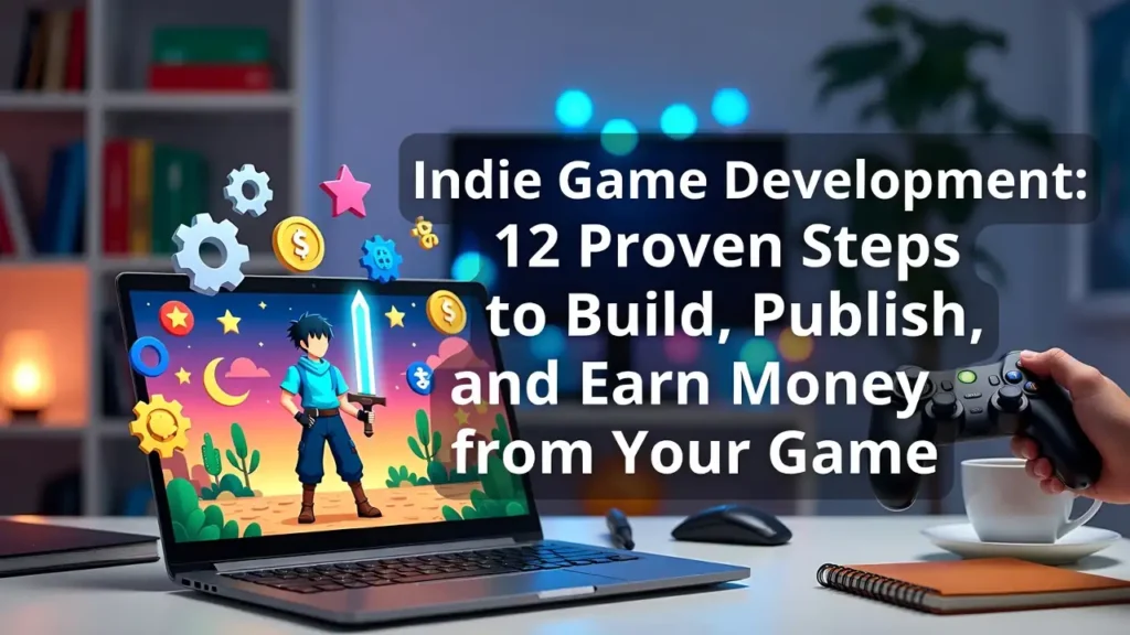 Featured image showing a laptop workspace with the title text "Indie Game Development: 12 Proven Steps to Build, Publish, and Earn Money from Your Game," accompanied by floating game assets and a hand holding a controller.