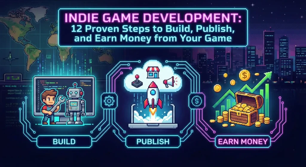A vibrant pixel-art style featured image titled "Indie Game Development: 12 Proven Steps to Build, Publish, and Earn Money from Your Game." The graphic displays a three-stage roadmap connected by neon circuit lines: the "Build" stage features a character coding; the "Publish" stage shows a rocket launching from a laptop; and the "Earn Money" stage depicts a treasure chest with gold coins and a rising financial graph against a digital city background.