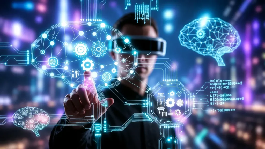 Futuristic person wearing a VR headset interacting with a glowing digital brain interface representing machine learning and deep learning neural networks.
