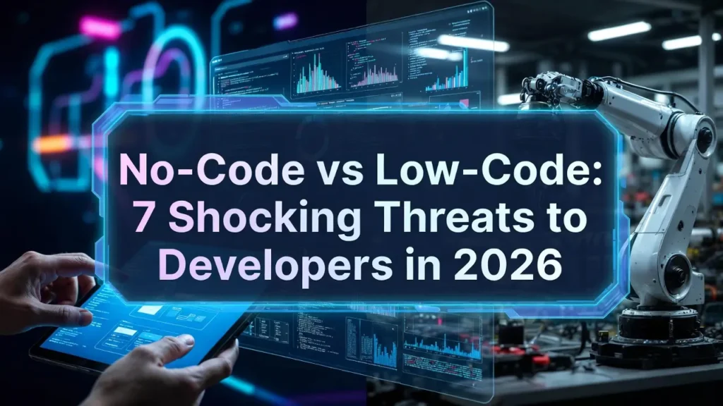 A futuristic digital banner displaying the text "No-Code vs Low-Code: 7 Shocking Threats to Developers in 2026" within a glowing blue frame, set against a background of robotic arms, holographic data screens, and hands holding a tablet.