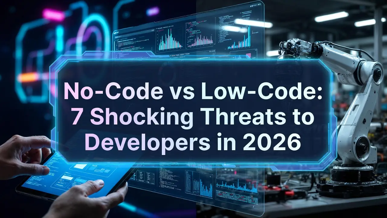 A futuristic digital banner displaying the text "No-Code vs Low-Code: 7 Shocking Threats to Developers in 2026" within a glowing blue frame, set against a background of robotic arms, holographic data screens, and hands holding a tablet.