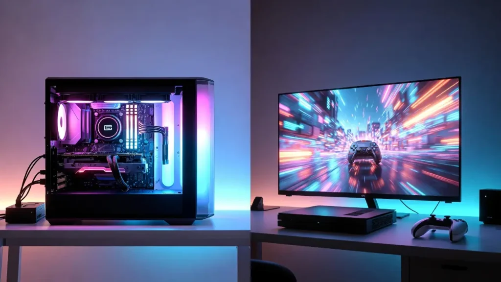 Split-screen comparison showing a high-end gaming PC tower with RGB lighting on the left and a modern game console with a controller and TV screen on the right.
