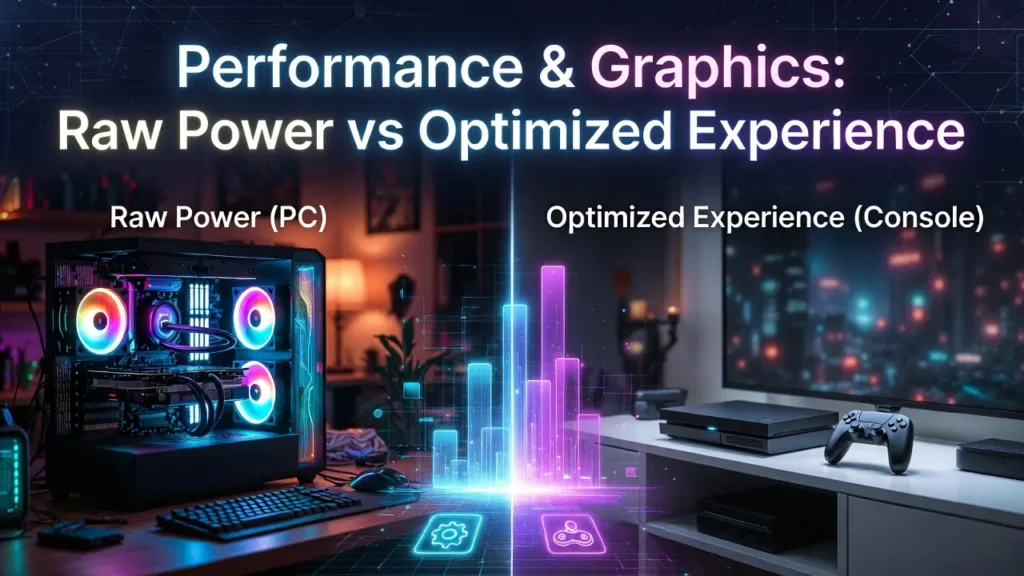 Comparison infographic titled "Performance & Graphics: Raw Power vs Optimized Experience," showing a high-end gaming PC labeled "Raw Power" and a console labeled "Optimized Experience" with a glowing bar chart between them.