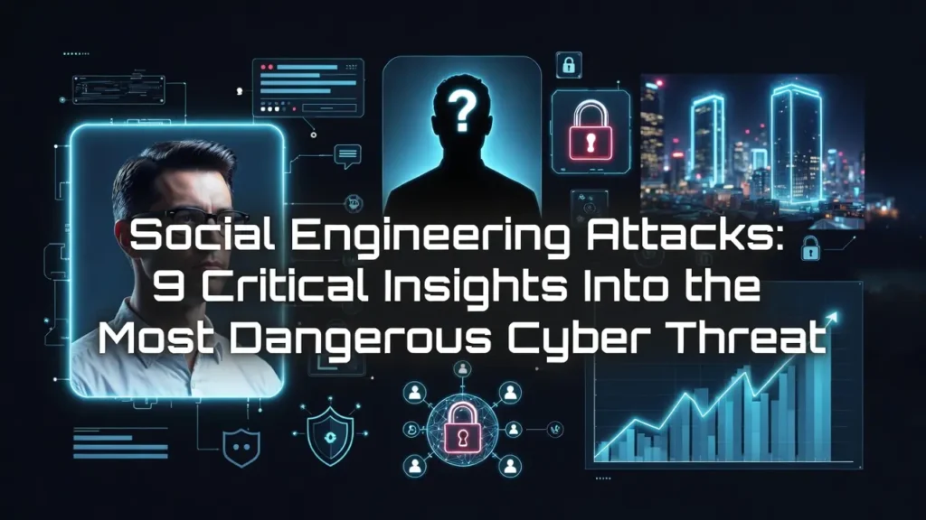 A cybersecurity-themed digital graphic featuring a man's face in a glowing blue box next to a shadowed silhouette with a question mark, surrounded by lock icons, data charts, and cityscape holograms, with the text "Social Engineering Attacks: 9 Critical Insights Into the Most Dangerous Cyber Threat."