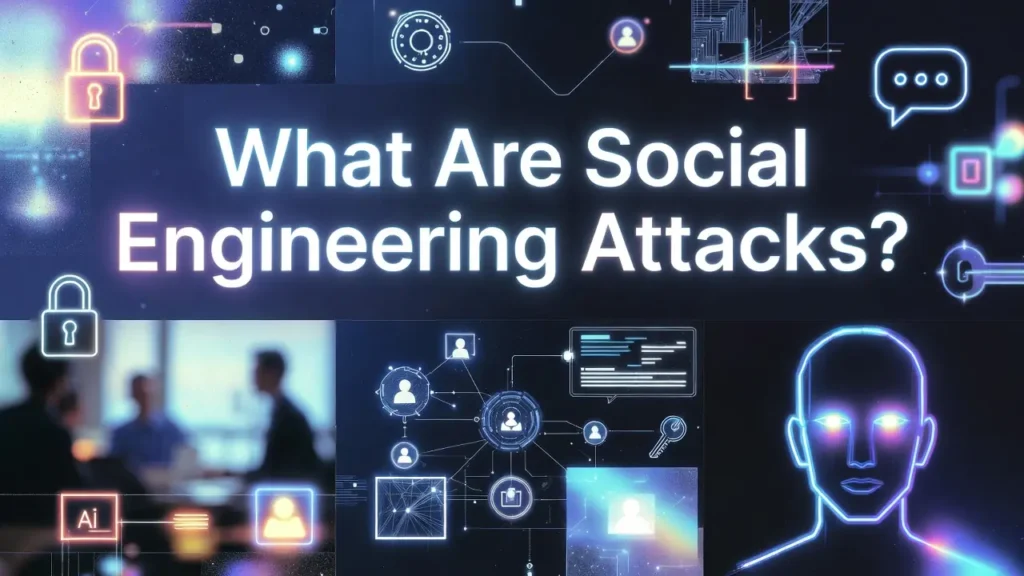 A cybersecurity-themed digital banner featuring a man's face in a verified blue box, a shadowy silhouette with a question mark, and a rising bar graph, overlaid with the text "Social Engineering Attacks: 9 Critical Insights Into the Most Dangerous Cyber Threat."